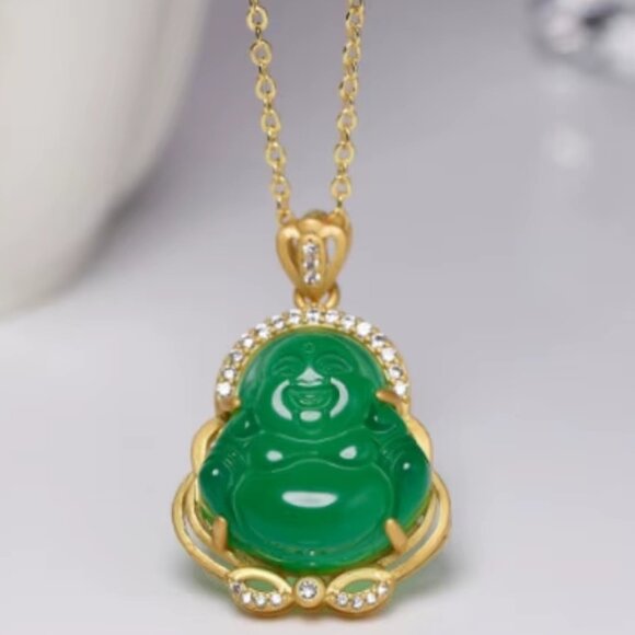 HAPPY BUDDHA PENDANT NECKLACE-925 Silver-Hotei-Green-Gold-Jewelry-Fast Shipping - Picture 6 of 11